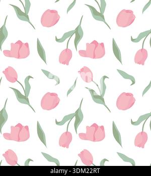 Seamless pattern of pink tulip flowers with green leaves on a white background suitable for spring themed design and decorative purposes Stock Vector