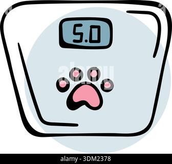 Digital pet scale icon for weight control, electronic animal weighing balance for dog and cat health monitoring, vector hand drawn doodle. Stock Vector
