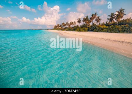 Sunset tropical beach paradise fantastic ocean lagoon palm trees island sandy shore summer travel wallpaper majestic nature scene Stock Photo