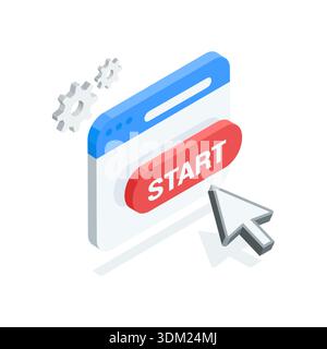 isometric vector arrow presses a button with the word start, in color on a white background, startup or surfing the internet Stock Vector