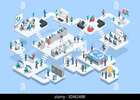 isometric vector business people in office performing different tasks, in color on blue background, teamwork or big business project Stock Vector