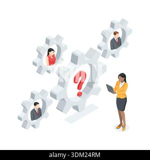 isometric vector business people in gears and question mark, in color on white background, work collective or team and employee search Stock Vector