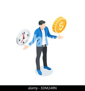 isometric vector business man spreading his arms to the sides and golden coin with dollar sign and watch, in color on white background, choice money o Stock Vector