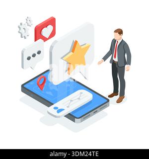 isometric vector business man and smartphone with text bubbles and star, in color on white background, social media user comments or rating Stock Vector