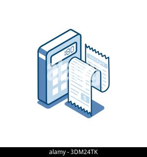 isometric vector linear icon calculator and receipt, in color on white background, counting financial expenses or accounting Stock Vector