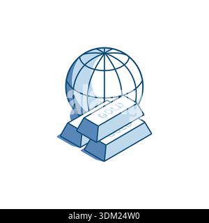 isometric vector linear icon of globe and gold bars, in color on white background, global finance or gold reserve Stock Vector