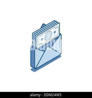 isometric vector linear icon of envelope and dollar bills, in color on white background, salary or payment Stock Vector