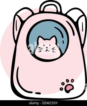 Pet carrier backpack with porthole window for cat and dog, travel capsule bag icon for animal transportation, vector hand drawn doodle. Stock Vector
