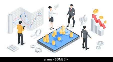 isometric vector concept with business people and world map on tablet screen with stacks of coins and charts, in color on white background, global fin Stock Vector