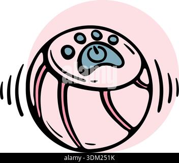 Interactive smart ball toy icon for cats and dogs, automatic vibrating pet play gadget with power button, vector hand drawn doodle. Stock Vector