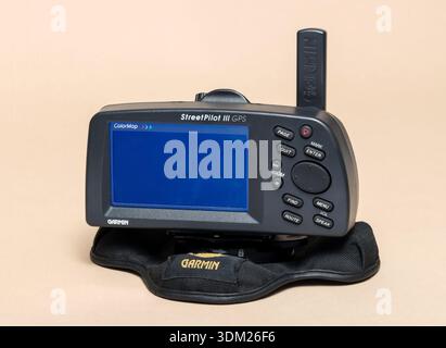 Pavia, Lombardy, Italy - Novembre 23, 2024: Garmin Street Pilot III GPS navigator from 2002, at Ctrl+Alt Museum. It was significant because it introdu Stock Photo