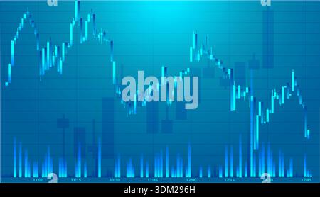 A chart displays price movements of stocks over time with bars showing changes in price. The background is blue, and the data is clear and easy to Stock Vector
