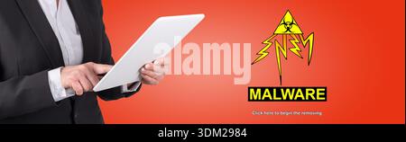 Woman using digital tablet with malware concept on background Stock Photo