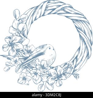 An elegant illustration of a woven vine wreath with a bird and flowers. Hand-drawn spring botanical frame design for a text template for Mother s Day Stock Vector