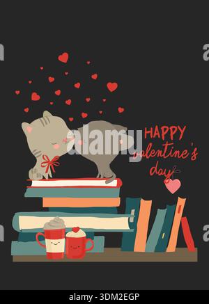 Cute Cats in Love kissing, sitting on Stack of Book Stock Vector
