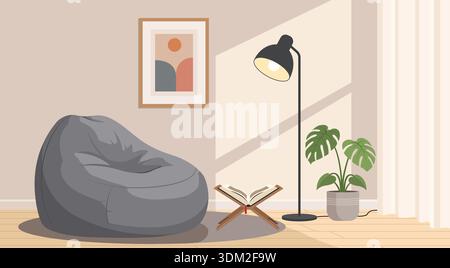 Islamic Reading Corner with Holy Quran on Rehal, Grey Bean Bag and Floor Lamp Vector Illustration Stock Vector