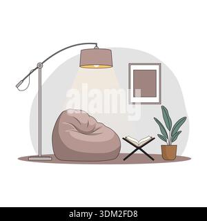 Islamic Reading Nook with Quran on Rehal, Bean Bag and Modern Floor Lamp Vector Illustration Stock Vector