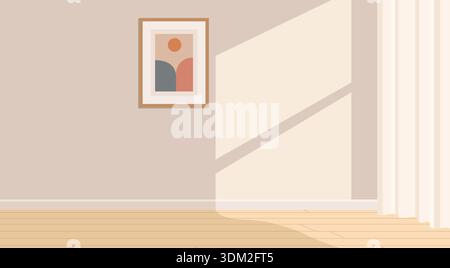 Empty Modern Living Room Interior with Minimalist Wall Art, Window Sunlight and Wooden Floor Vector Stock Vector