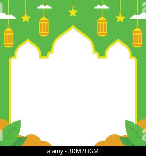Bright green Islamic background with flat design featuring illustration of hanging lanterns and mosque shape object as copy space for text. Stock Vector