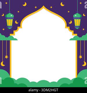 Colorful Islamic copy space featuring crescent moon and lanterns against a purple square background, perfect for Islamic events. Stock Vector