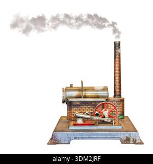 Vintage steam engine with smoke isolated on a white background Stock Photo