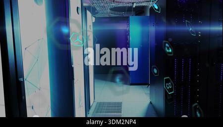 Displaying server racks and aisle in server room glowing under blue lights, with LED hex overlays Stock Photo