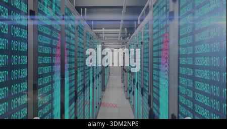Showing central server-rack aisle reflecting turquoise code on glass fronts in data center corridor Stock Photo