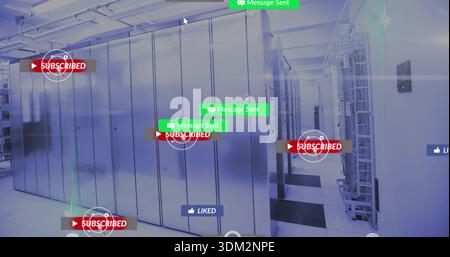 Forming metal server cabinets creating aisle in cooled data center room, with floating AR graphics Stock Photo