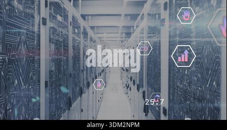 Displaying central server aisle running down data center corridor with racks, AR icons, temp 25 Stock Photo