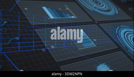 Projecting holographic display in virtual UI, showing clear panels, blue bar charts, wireframe grid Stock Photo