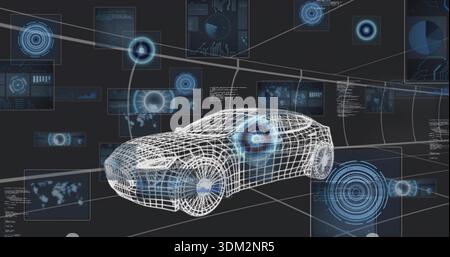 Displaying wireframe sedan model in virtual simulation space, with holographic UI panels, radar map Stock Photo