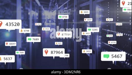 Displaying central server racks in data center aisle, with floating UI callouts and LEDs Stock Photo