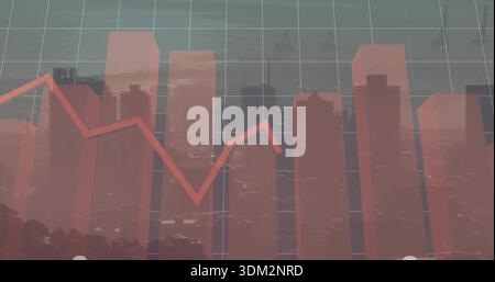 Displaying translucent red bar chart and jagged line over skyline with grid overlay, cranes, haze Stock Photo