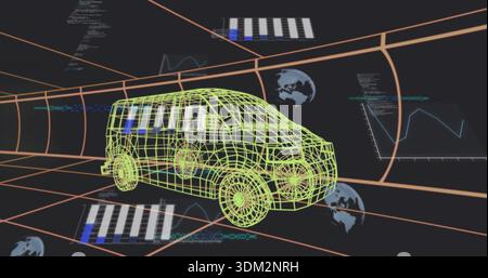 Rotating 3D wireframe minivan showing neon green outlines inside orange tunnel, with HUD panels Stock Photo