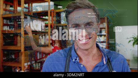 Smiling man wearing blue shirt, apron standing in shop, wooden shelves, woman reaching, HUD overlay Stock Photo