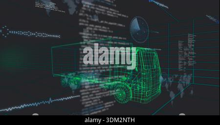 Showing 3D wireframe truck and trailer model rotating in simulation, with grid, code, radar Stock Photo