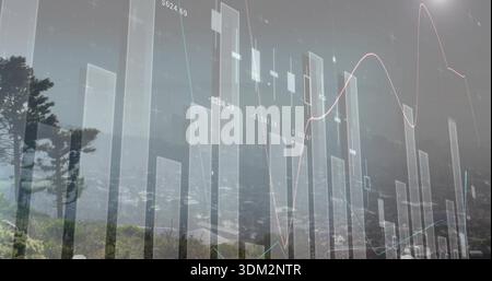 Overlaying transparent market chart over misty hillside with tall pine, showing bar and line charts Stock Photo