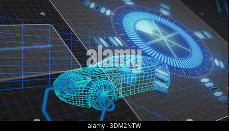 Floating cyan wireframe 3D car model hovering above blue grid, displaying HUD dial and data graphs Stock Photo