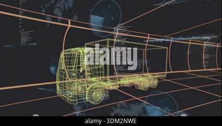 Showing neon wireframe truck cab and trailer floating in 3D data space with orange grid HUD Stock Photo