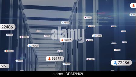 Glowing server racks displaying AR telemetry in data center corridor, with floating numeric badges Stock Photo