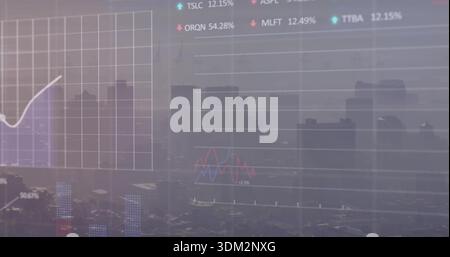 Displaying translucent market overlay over hazy city skyline, with white rising line chart, legend Stock Photo