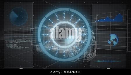 Showing central hologram HUD rotating rings and arrows in virtual hub with wireframe car and panels Stock Photo