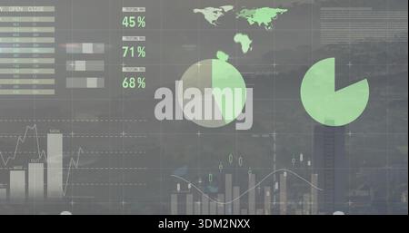 Displaying faint dashboard over urban backdrop, showing pie charts, world map, percent callouts Stock Photo