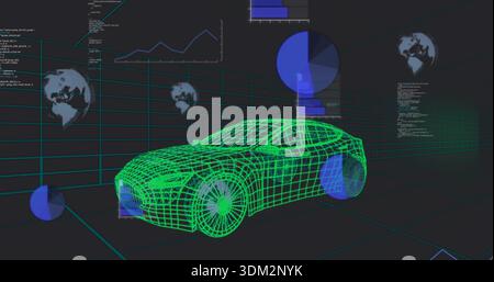 Displaying neon-green wireframe sedan model showing mesh panels and wheel overlays on virtual grid Stock Photo