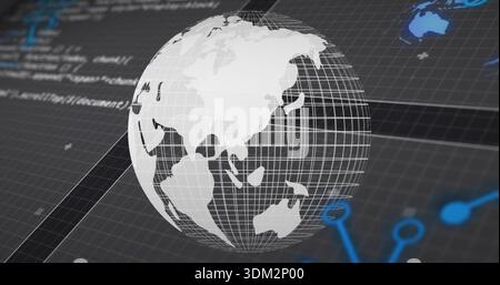 Displaying white 3D globe rotating above dark grid plane, showing lat or long mesh and blue nodes Stock Photo
