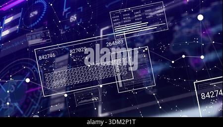 Displaying keyboard schematic and floating panels at blurred desk, with numeric data and node links Stock Photo