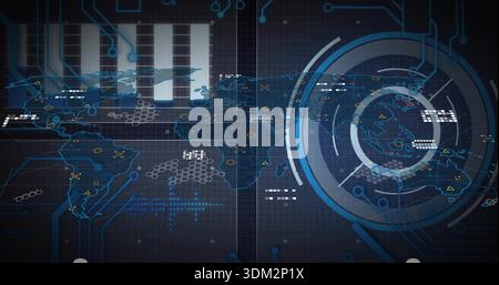 Displaying digital world map on dark grid console, showing circular HUD and network nodes Stock Photo