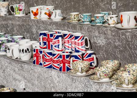 God Save the Queen and Union Jack themed tea cups for sale at International Grand Market on Hakaniemi Market Square in Helsinki, Finland Stock Photo