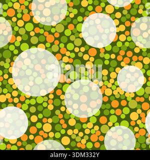 Large translucent white circles on autumn bright background. Geometrical seamless pattern. Many small orange green circles on dark green background Stock Vector