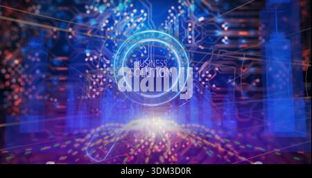 Displaying central holo interface reading BUSINESS SOLUTION in cyber hub with circuit traces Stock Photo